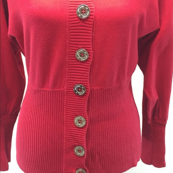 Anne Klein Red Cardigan Sweater Gold Buttons S Long Sleeve Fitted Cotton Blend - Picture 6 of 12